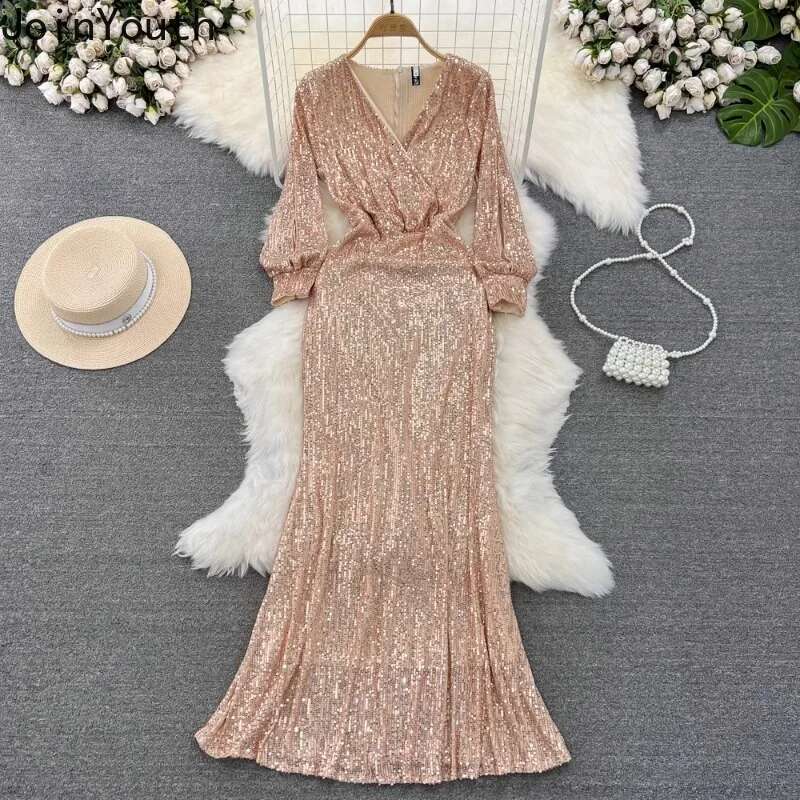 2025 Vestidos De Mujer Party Dresses for Womens V-neck Lantern Sleeve Tunic Temperament Robe Femme Sequin Bodycon Maxi Dress