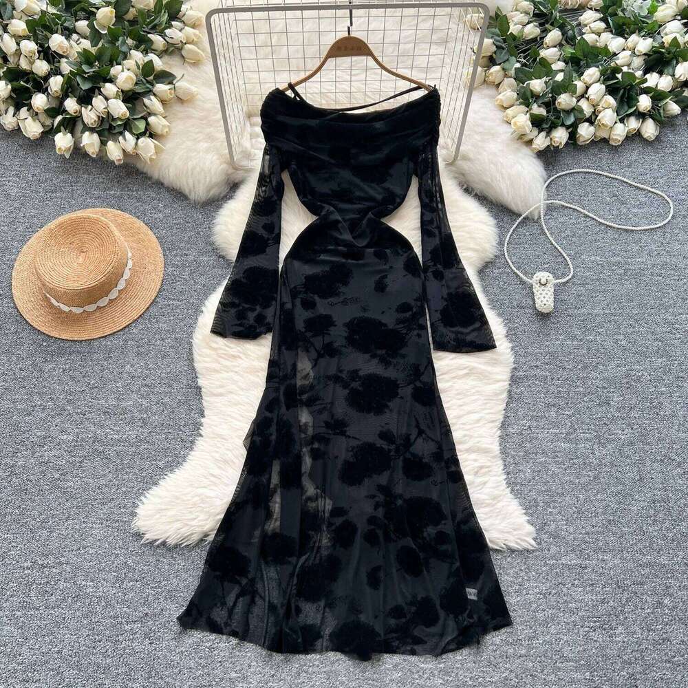 Elegant Sleeves Sexy Slash Neck Chic Pleated Flocking Mesh Split Ruffle Slim Long Dress Evening High Street Autumn Clothing