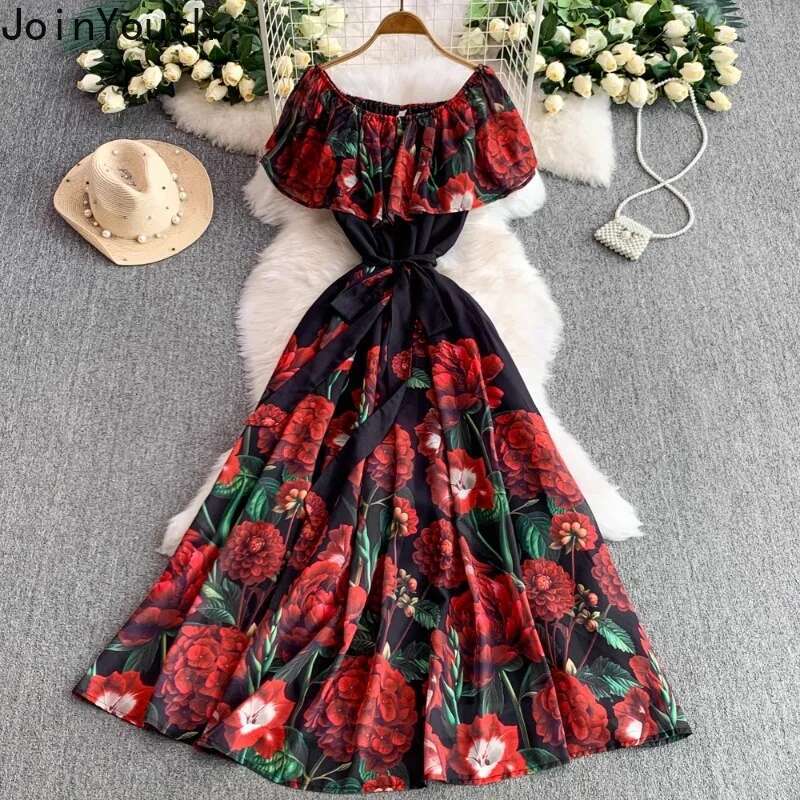 Summer Dresses Women Sweet Floral Slash Neck Slim Waist Robe Femme 2025 Vestidos De Mujer Fashion Big Swing Chiffon Maxi Dress