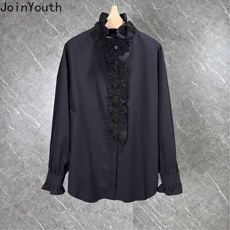 White Blouse Women Clothing Stand Neck Long Sleeve Vintage Shirts 2025 Blusas Mujer De Moda Loose Ruffles Beading Floral Tops