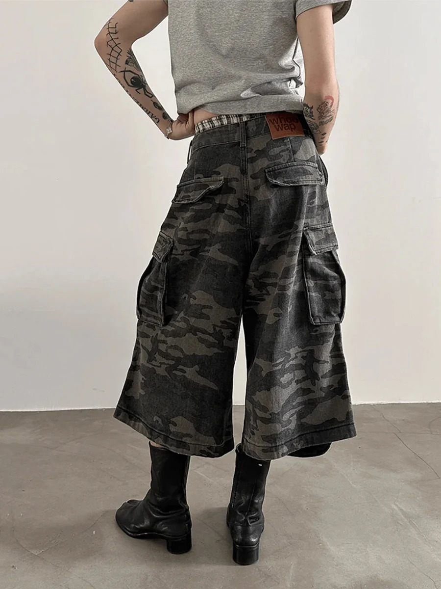 REDDACHiC Men Camouflage Denim Shorts Distressed Vintage Pleated Wide Leg Multi-pocket Cargo Jeans Jorts Hip Hop Punk Streetwear 250617
