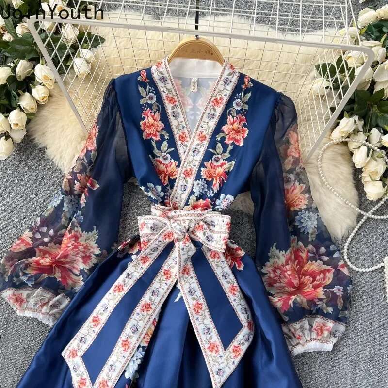 Floral Summer Dress Women Slim Waist Bandage Temperament Robe Femme 2025 Vestidos De Mujer Vintage Elegant Maxi Dresses 27w921