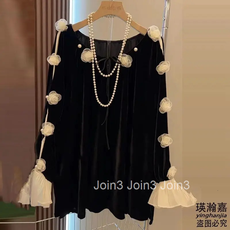 Heavy Beading Shirts 2025 Women Clothing Camisas De Mujer 3D Floral Loose Blouses Vintage Black Tops Chic Velvet Korean Blouse