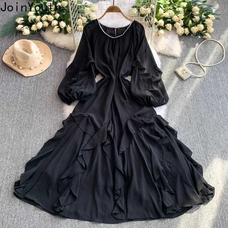 2025 Vestidos De Mujer Vintage Dress for Women Beading O-neck Lantern Sleeve Solid Color Robe Femme Ruffles Sweet Summer Dresses