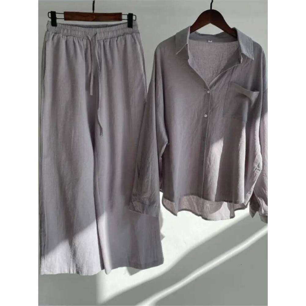 Designer Leisure High Quality Spring Summer Two Long Sleeve Shirt Women's Suit Fashion Button Casual Female Wide Leg Pants 2 Piece Sets
