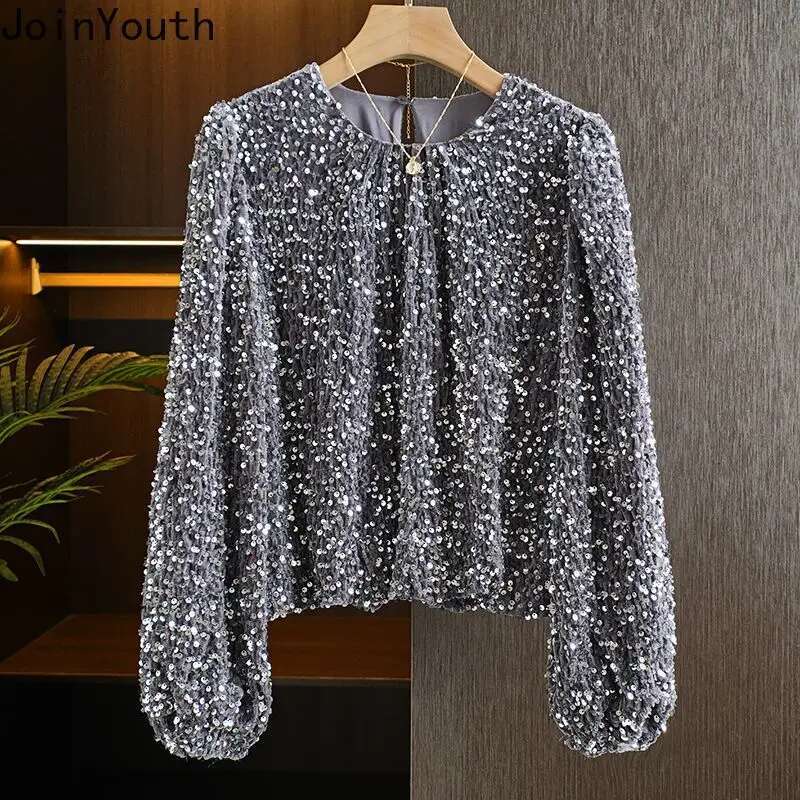 O-neck Long Sleeve Blouse for Women Fashion Heavy Sequined Y2k Tops 2025 Blusas Mujer De Moda Temperament Loose Korean Shirts