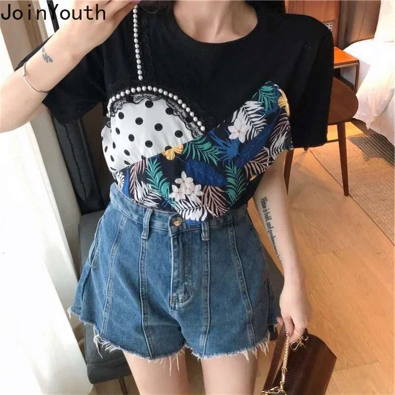 Contrast Color Tshirts for Women Summer Tees Fashion Korean Camisetas Print Beading Casual Tops Short Sleeve Loose Y2k T Shirt
