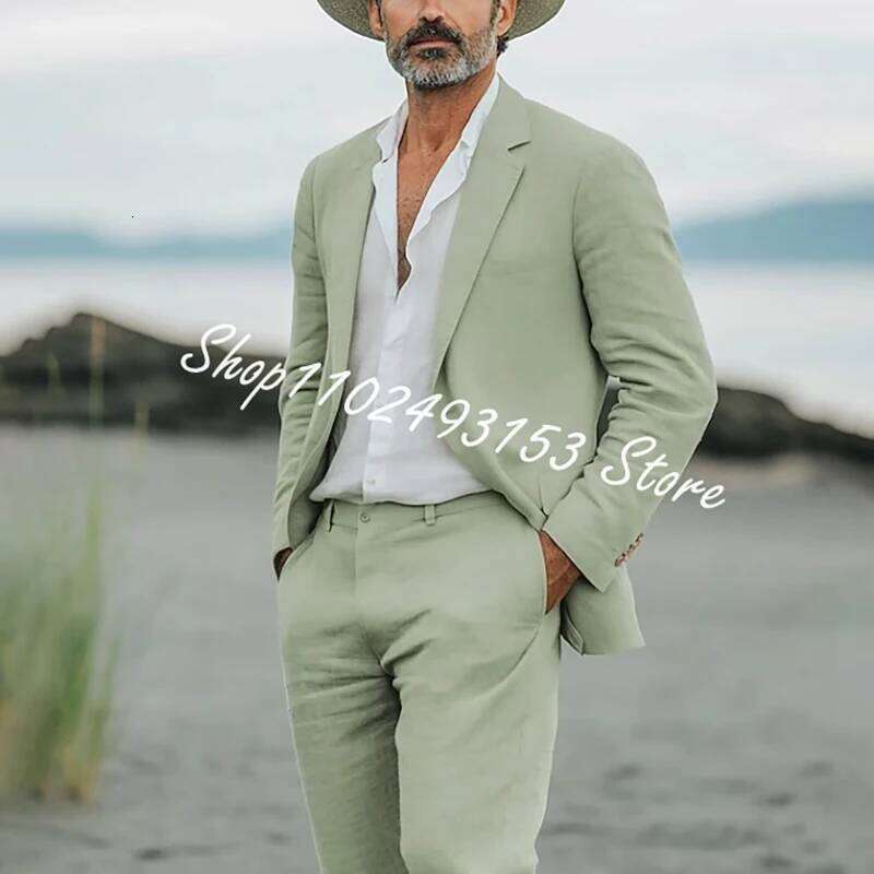 Green Linen Men Suits Notched Lapel Blazer Single Breasted Wedding Travel Summer Men's 2 Piece Suit Jacket Pants Costume Homme