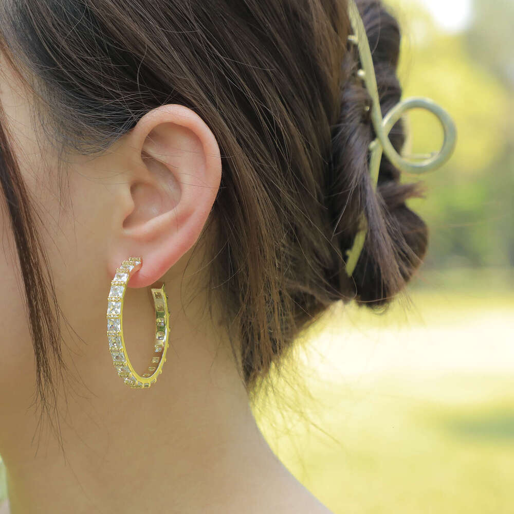 Star Style C-Shaped Simple Super Shiny Square Dia Elegant Trendy Hoop Fashion Socialite Gold Australian Earrings