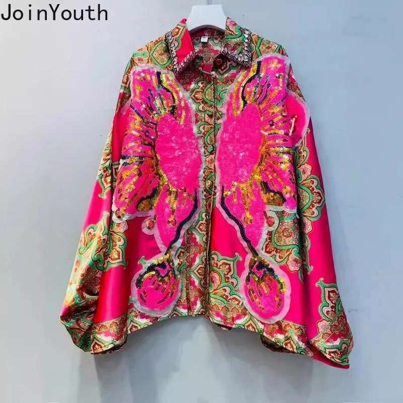 Floral Vintage Blouses for Women Summer Blusas Mujer De Moda Heavy Sequin Loose Shirts Vintage Korean Blouse Temperament Tops