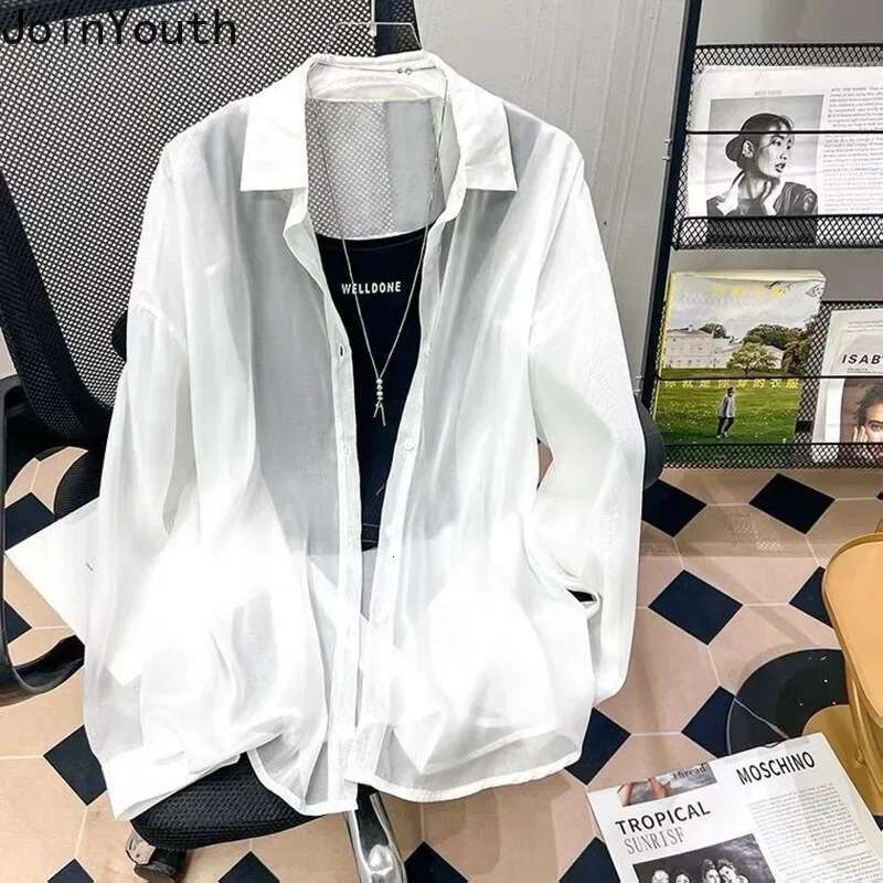 Summer Long Sleeve Blouses for Women Fashion Chiffon Temperament Lady Tops 2025 Blusas Mujer De Moda See Through Chiffon Shirts