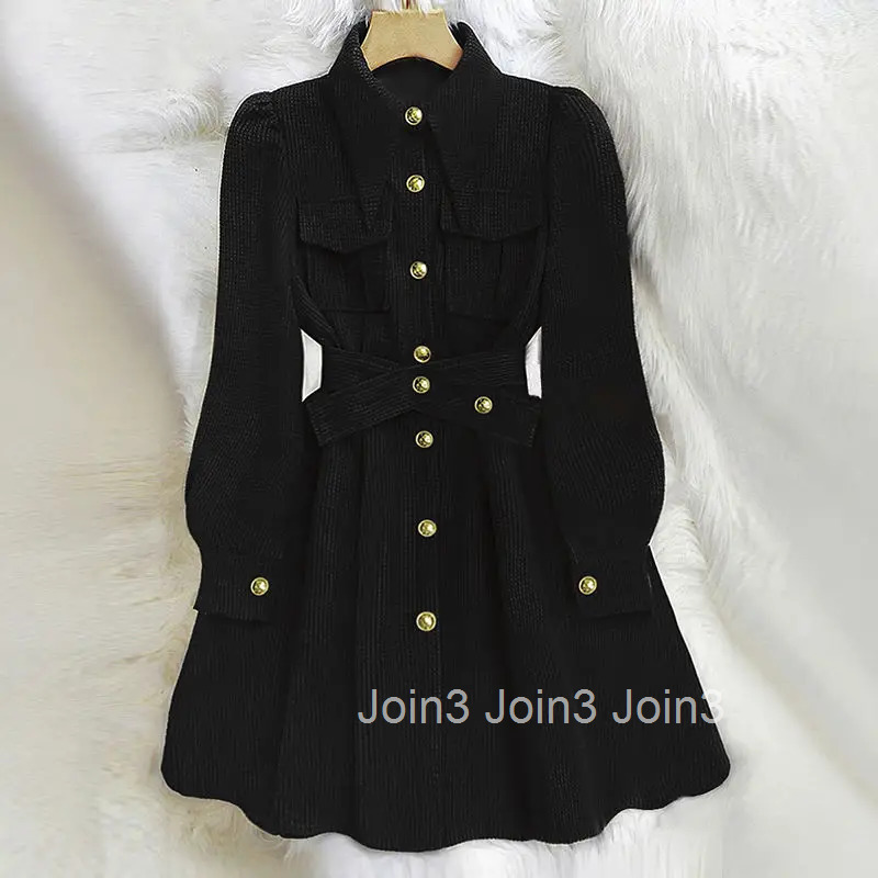 2025 Vestidos De Mujer Dresses for Women Bandage Slim Waist Temperament Robe Femme Single Breasted A-line Chic Vintage Dress
