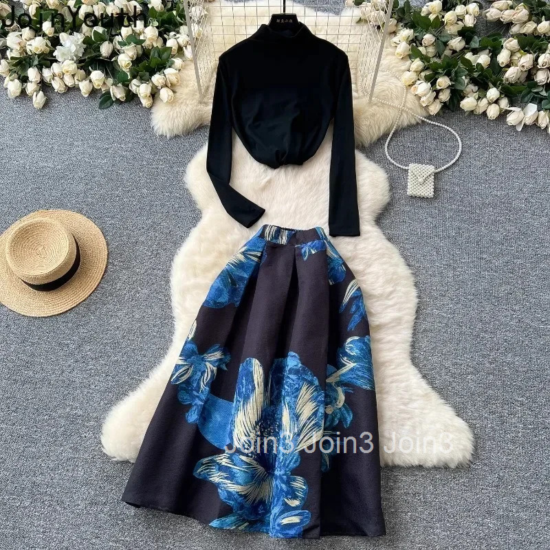 Two Piece Sets for Women High Waist Floral A-line Skirt Long Sleeve Tunic Tops Outfits Roupas Femme Fashion Korean Vintage Suit