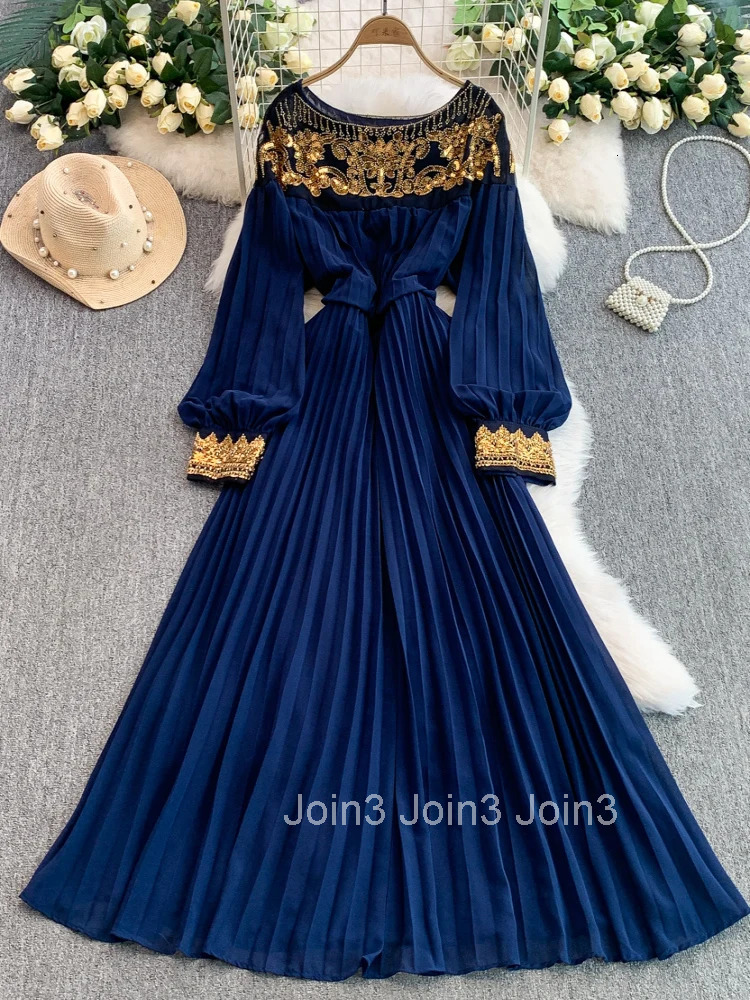 Temperament Robe Femme Summer Elegant Pleated Dresses for Women 2025 Vestidos De Mujer O-neck Vintage Bandage Sequin Maxi Dress