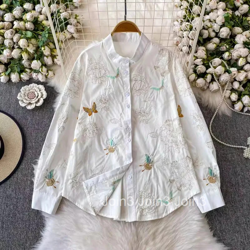 Temperament Lady Tops Blouses for Women Long Sleeve Loose Casual Shirts 2025 Blusas Mujer De Moda Heavy Embroidery Chic Blouse