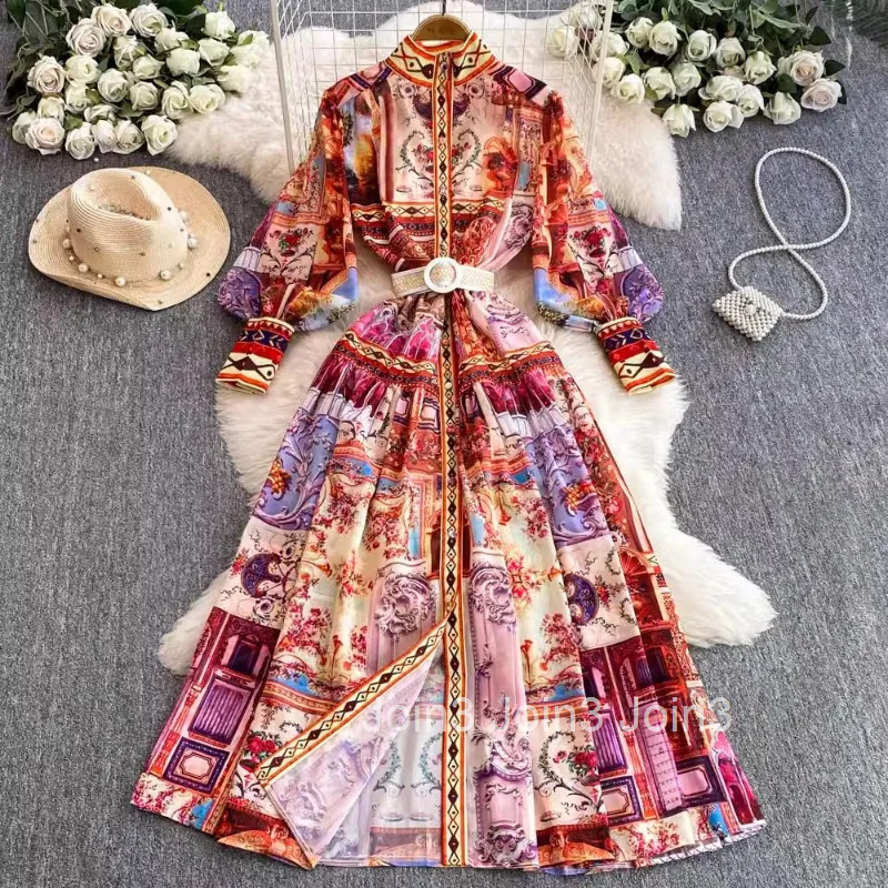 Vintage Woman Dress Print Stand Neck Lantern Sleeve Robe Femme Sashes Slim Waist Single Breasted Maxi Dresses 2025 Vestido Femme
