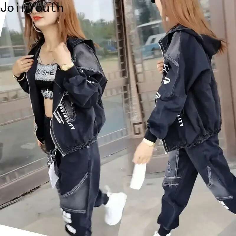Womens 2 Piece Clothes Sets Fashion Jeans Denim Coat Clothes Oversized Hooded Jacket Pants Outfits Korean Women Two Piece Set
