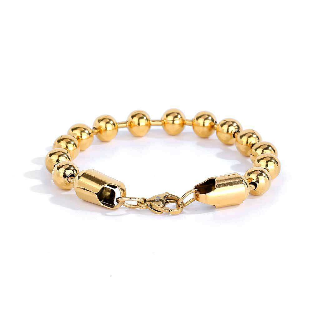 8mm Glass Round Bead Chain Stainless Titanium Steel Jewelry Gold Men's Bracelet Accessories 5c98