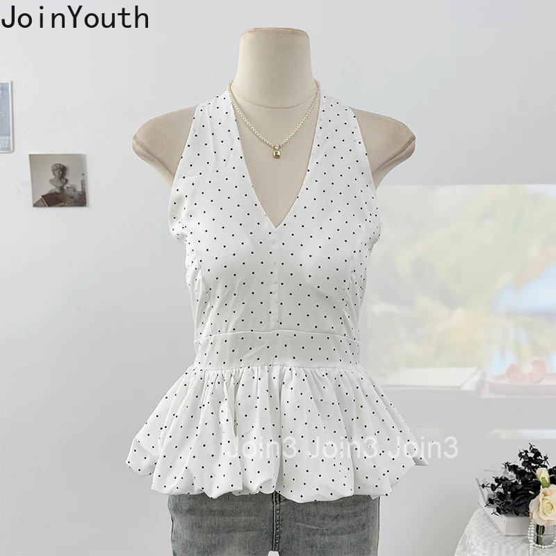 Polka Dot Tanks Women Clothing Sleeveless V-neck Backless Tees 2025 Ropa Mujer Bandage Ruffles Chic Camis Sexy Summer Vest Tops