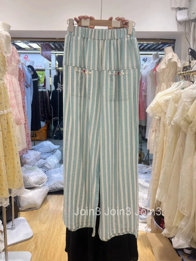 Korean Wide Leg Pants 2025 New Bottoms Elastic Waist Casual Striped Trousers Fashion Straight Loose Summer Pantalon Femme 63e072