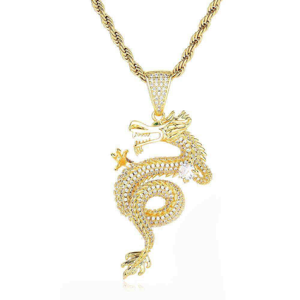 Hip Hop New Zodiac Dragon Chinese Style Personality Gold Plated Full Zircon Pendant Unisex Sweater Chain f015