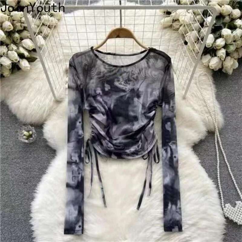 Shirts for Women Korean Vintage T Shirt Tie-dye Fashion Tees Long Sleeve Drawstring Summer T-shirt Crop Tops 2025 Ropa Mujer