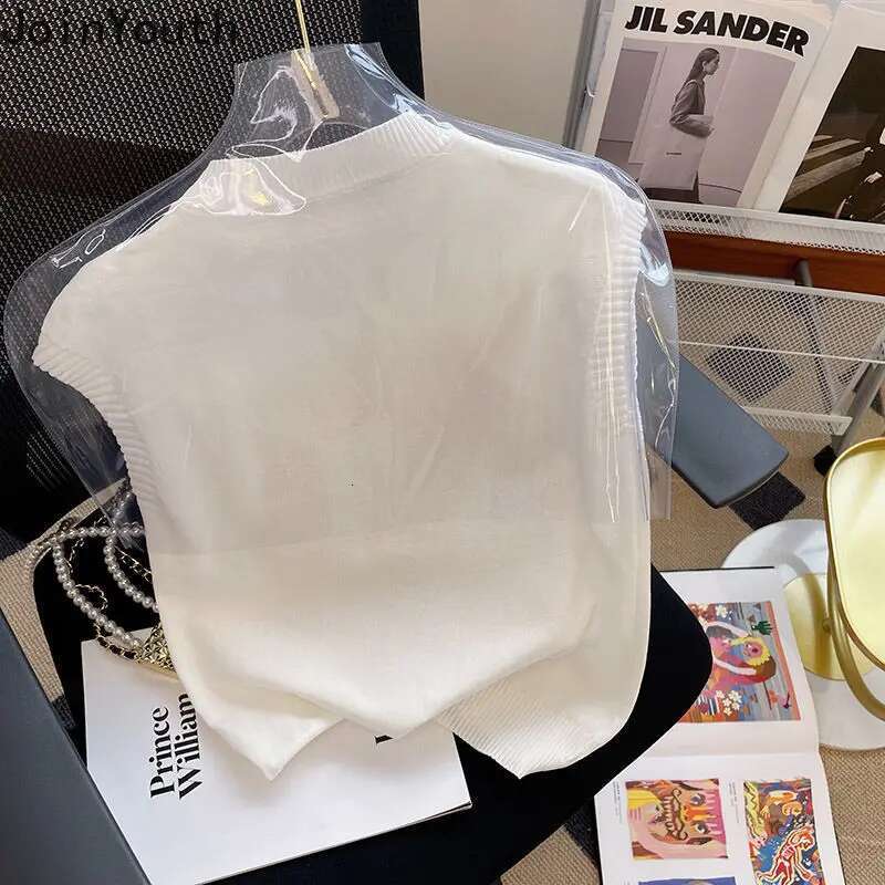 Woman Tshirts 2025 Shirts for Women O-neck Sleeveless Knitted Tops Ropa Mujer Chic Embroidery Korean Temperament Summer T-shirt