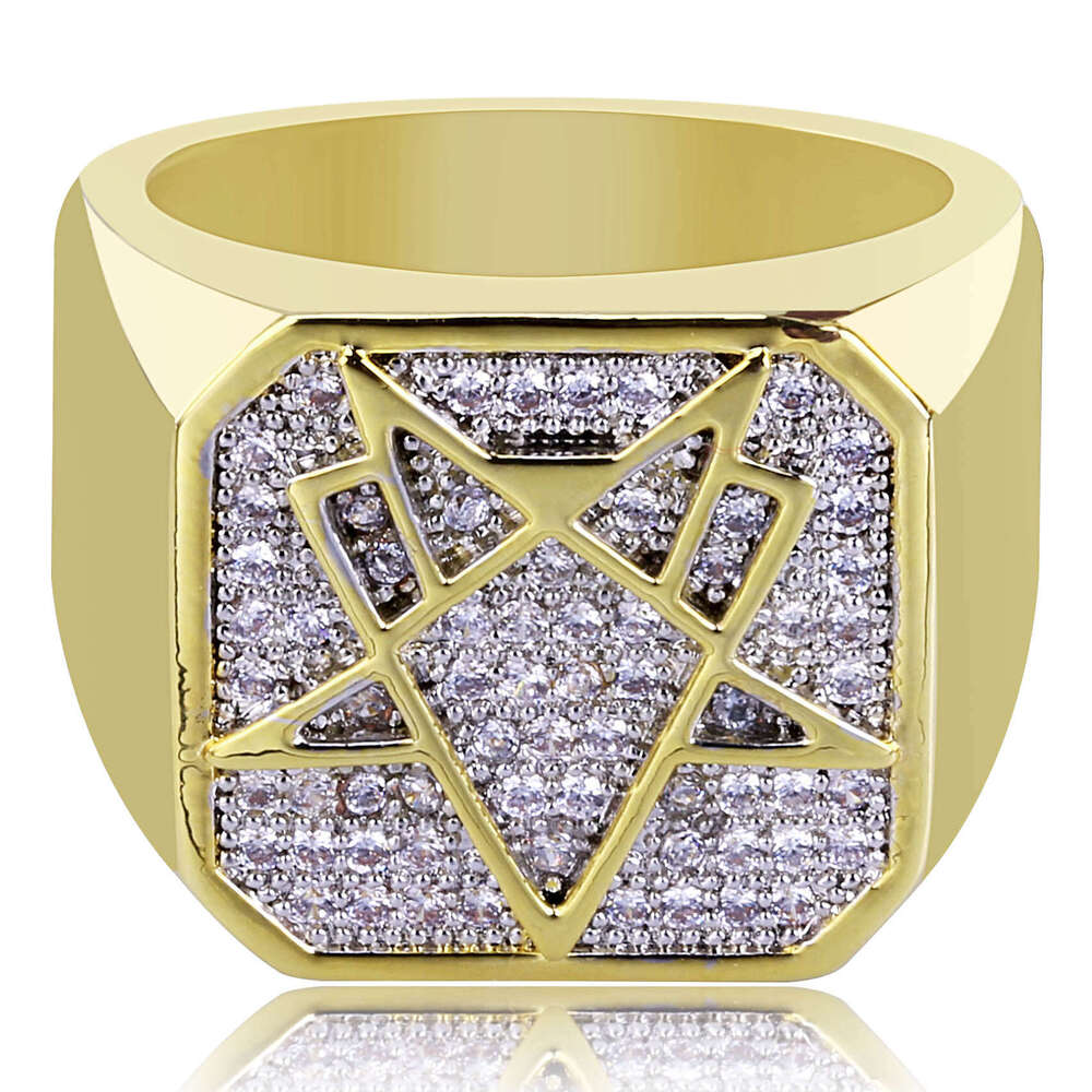 Jin Ao Hot Plated Gold Inlaid Zircon Geometric Shape Hip-Hop Men's Ring Trendy Jewelry