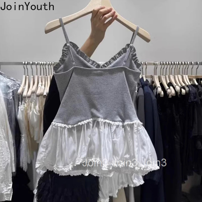 2025 Ropa Mujer Crop Tops Patchwork Contrast Color Sleeveless Sling Vest Women Clothing Sweet Ruffles Backless Sexy Tanks Women