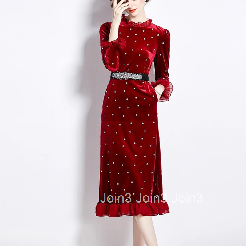 Temperament Robe Femme Velvet Dresses for Women 2025 Vestidos De Mujer O-neck Flare Sleeve Tunic Heavy Diamond Ruffles Dress