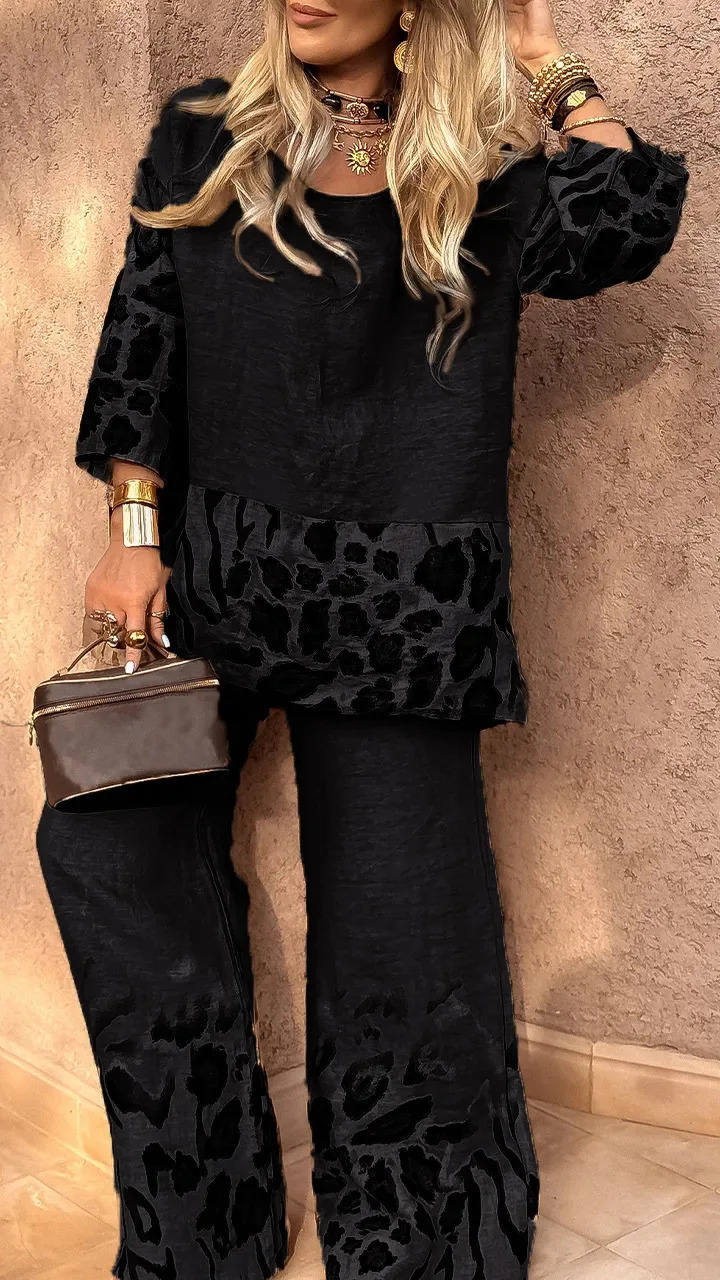 Spring Summer Fashion Leopard Print 2 Piece Set Women Casual Loose Short Sleeves Blouses Wide Leg Pants Two Piece Set Womens 250617