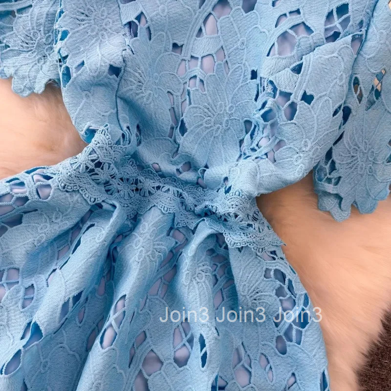 Sweet O-neck Lace Blue Dress Women Summer Slim Waist A-line Dresses Short Sleeve Mid-length Vestidos Mujer Vintage Robe Femme