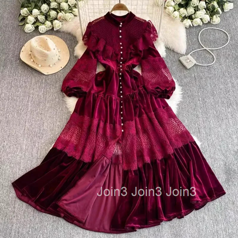 Vintage Woman Dress Stand Neck Single Breasted Patchwork Lace Long Robe Femme 2025 Fashion Ruffles Party Velvet Maxi Dresses