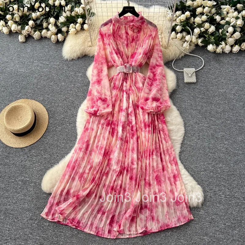 Dress for Women 2025 Vestidos De Mujer Bandage Slim Waist A-line Floral Robe Femme 3D Floral Chiffon Summer Pleated Maxi Dresses
