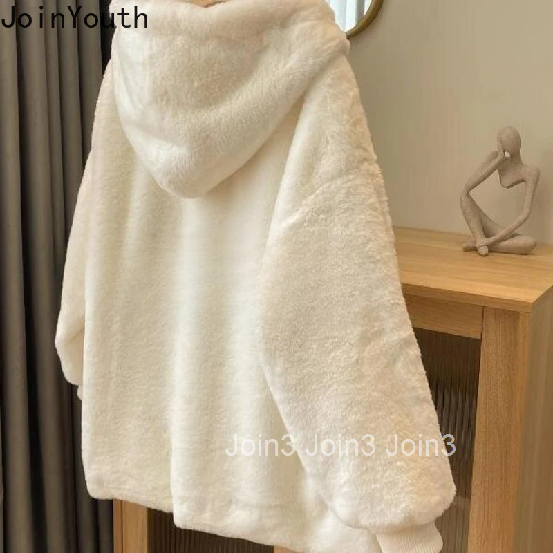 2025 Winter Clothing Hooded Lamb Wool Coat for Women Ropa Mujer Cute White Zipper Outwear Thicked Warm Japanese Y2k Jackets Tops