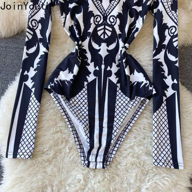 Print Sexy Jumpsuit 2025 Women Clothing Stand Neck Long Sleeve Tunic Bodysuit Fashion Romper Ropa Mujer Korean Playsuit Y2k Tops