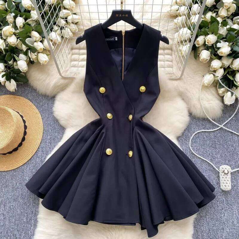 Vintage V-Neck Elegant Sleeveless Chic Double Breasted Slim Short Dresses French Fashion Streetwear High Street Autumn Clothing