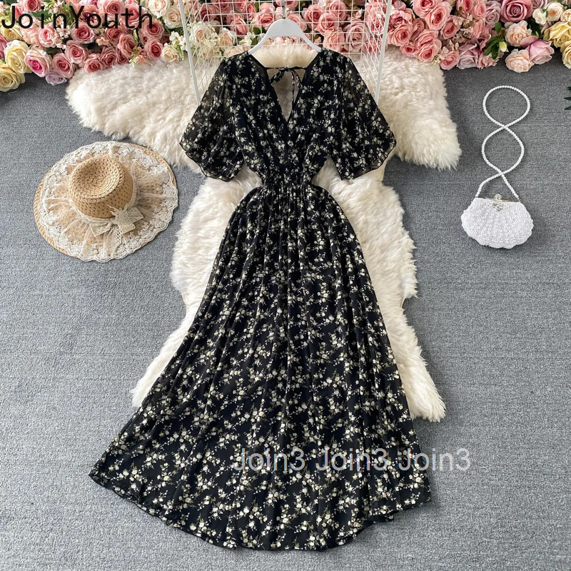 Floral Elegant Dresses for Women V-neck Slim Waist Vintage Robe Femme 2025 Vestidos De Mujer A-line Big Swing Summer Maxi Dress