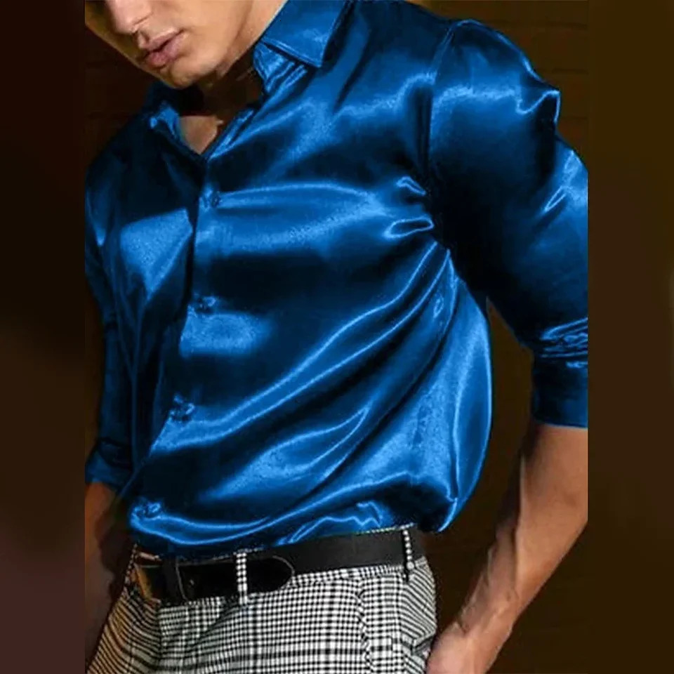 Casual Mens Satin Silky Dress Shirts Long Sleeve Social Single Breasted Turn-Down Collar Shirts Wedding Party Mens Clothing 250618