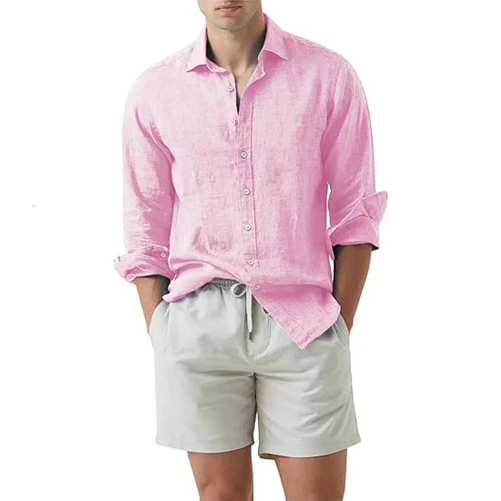 Summer Shirt Beach Cotton Linen Shirts Men Cardigan Tops Long Sleeved Turn Down Collar Slim Fit Large Size 250618