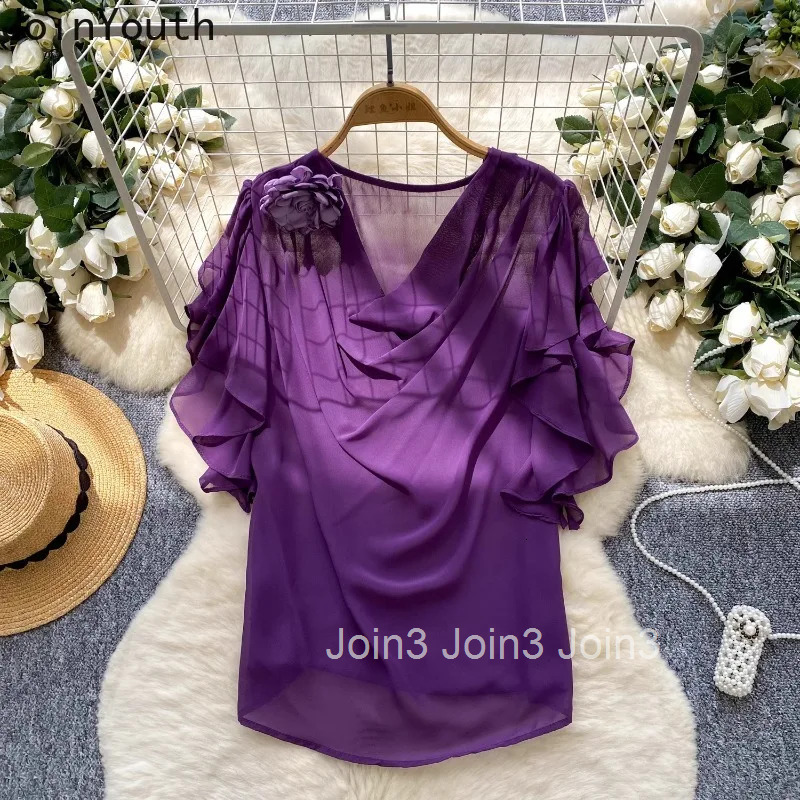 2025 Blusas Mujer De Moda Women Tops Summer Blouses 3D Floral Loose Shirts Ruffles Chiffon Blouse Thin Vintage Womens Clothing