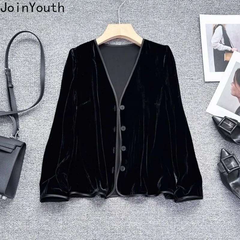 Velvet Black Jackets 2025 Womens Clothing Chinese Style Vintage Outwear Ropa Mujer Oversized Tops V-neck Chic Temperament Coats