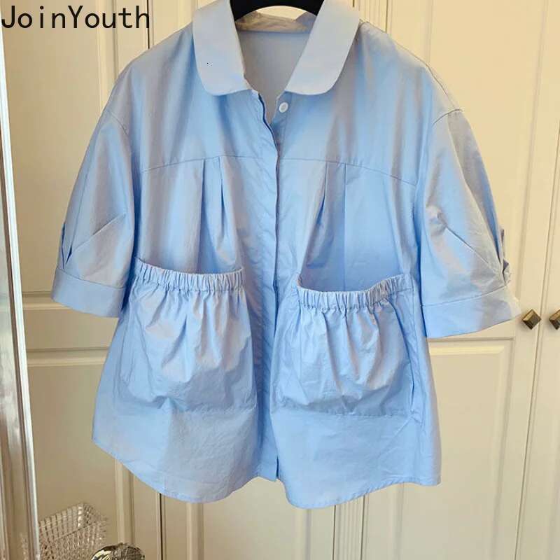 White Women Shirts 2025 Blusas Mujer De Moda Short Sleeve Pocket Vintage Blouse Loose Folds Summer Korean Blouses Tops 27p099