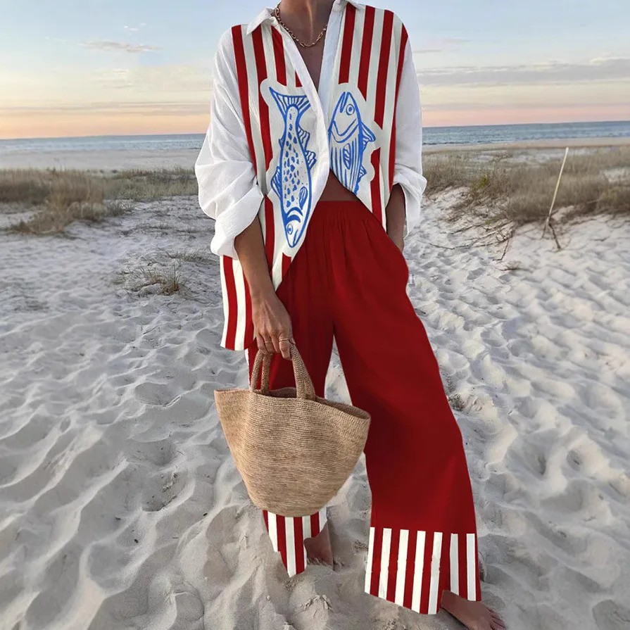 Summer Printed Long Sleeve Shirt Wide Leg Pants 2Piece Outfits Female Beach Holiday Sets 2025 Fashion Women Two Piece Set 250617