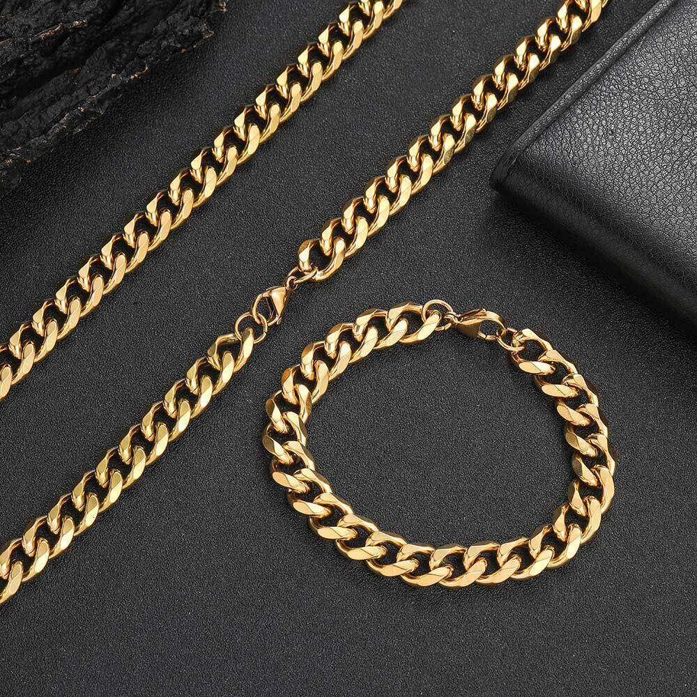 Trendy Hip-Hop 11mm Titanium Necklace Six-Sided Polished Cuban Chain Stainless Steel Men's Bracelet Jewelry 63f7