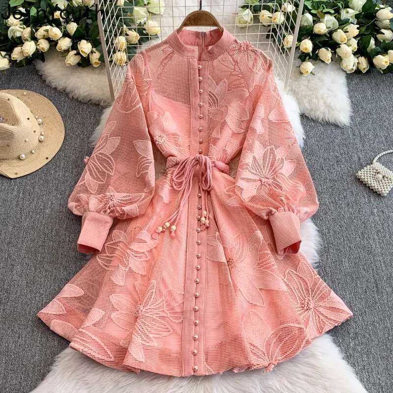 2025 Vestidos De Mujer Embroidery Dresses for Women Stand Neck Lantern Sleeve Single Breasted Robe Femme Fashion Summer Dress