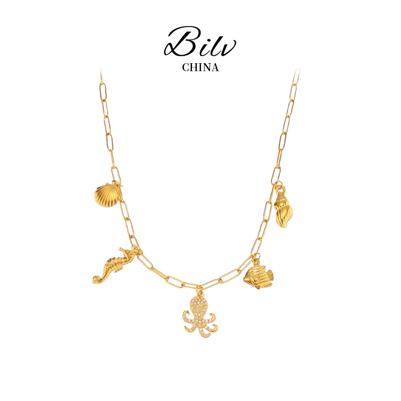 Gold Ocean Charm Necklace, Layered Chain with Octopus, Seahorse & Shell Pendants, Beachy Nautical Jewelry Layered Chain