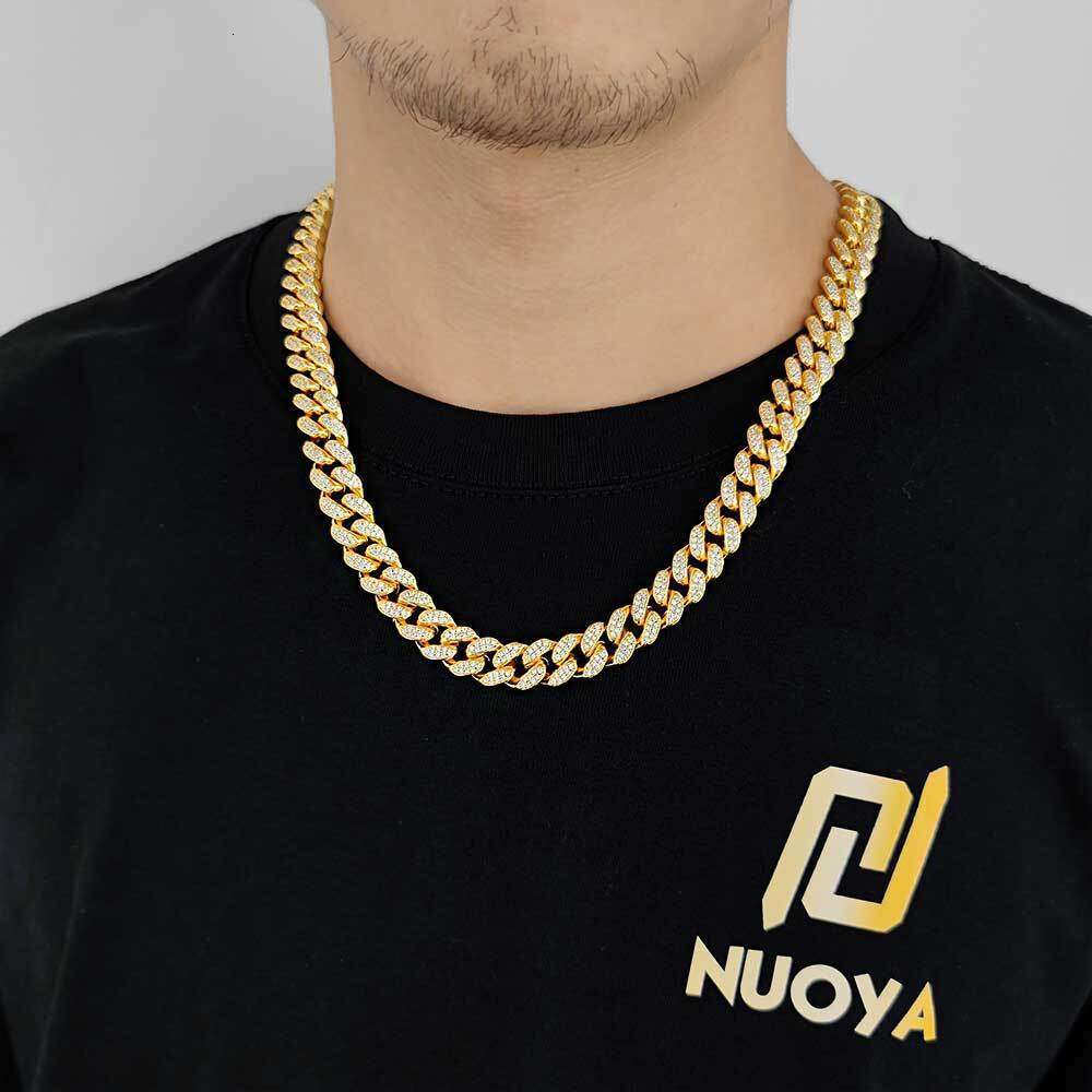 Hip Hop Zircon 12mm Spring Clasp Double Row Full Dia Cuban Chain Trendy Men's Necklace Jewelry 46a0