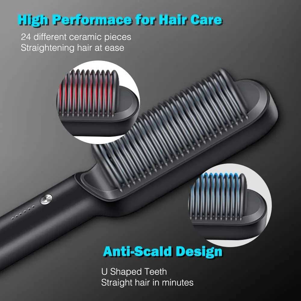 Hair Straightener Brush Hot Comb Ionic Straightening Brush with Anti Scald Fast Ceramic Heating Portable Hot Straightening CombXJ250621