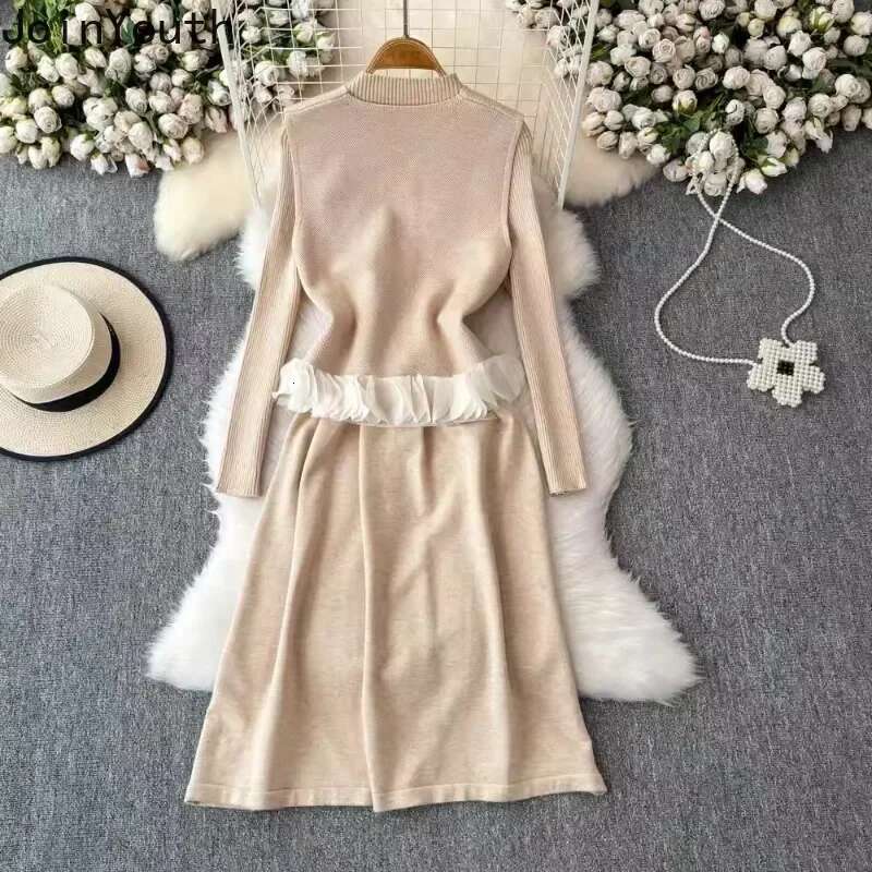 Women Clothing Knitted Outfits Two Piece Sets Long Sleeve Tunic Dresses Ruffles Single Breasted Vest Suit Vintage Korean Set